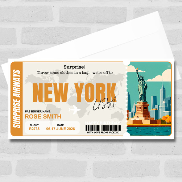 New York Boarding Pass Personalised Gift Voucher Surprise Trip Holiday Ticket