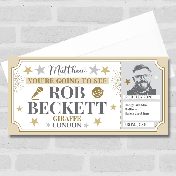 Rob Beckett Comedy Show Stars Gold Personalised Surprise Ticket Gift Voucher