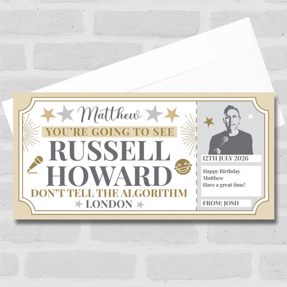 Russell Howard Comedy Show Stars Gold Personalised Surprise Ticket Gift Voucher