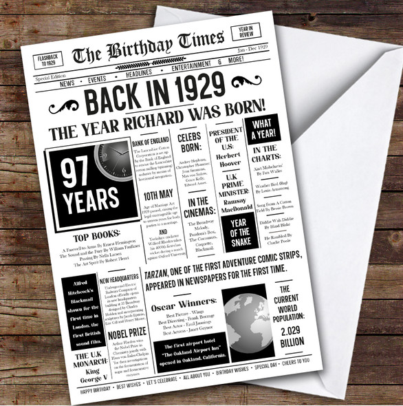 Born In 1929 White Newspaper Birthday Facts Any Year Any Age Personalised Card