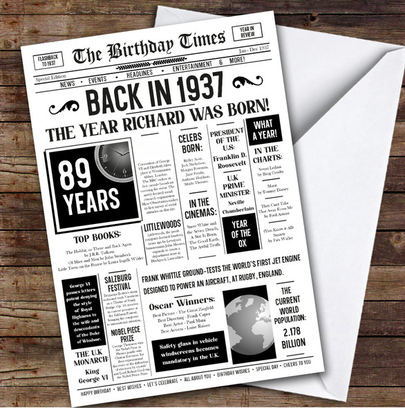 Born In 1937 White Newspaper Birthday Facts Any Year Any Age Personalised Card