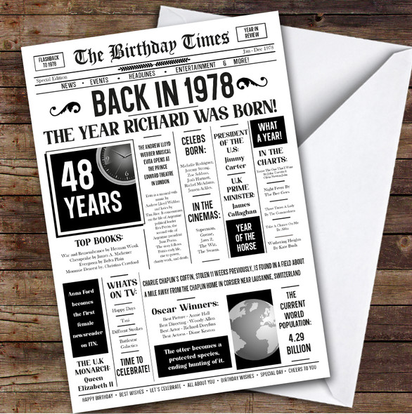 Born In 1978 White Newspaper Birthday Facts Any Year Any Age Personalised Card