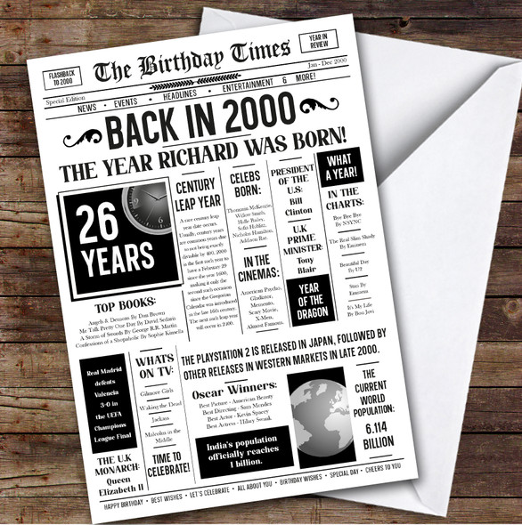 Born In 2000 White Newspaper Birthday Facts Any Year Any Age Personalised Card