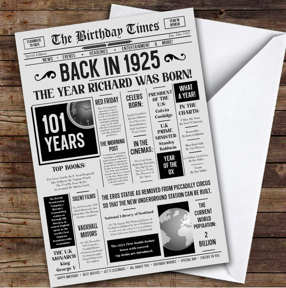 Born In 1925 Grey Newspaper Birthday Facts Any Year Any Age Personalised Card