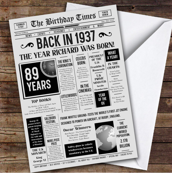 Born In 1937 Grey Newspaper Birthday Facts Any Year Any Age Personalised Card
