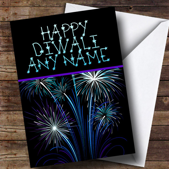 Blue & Purple Fireworks Personalised Diwali Card