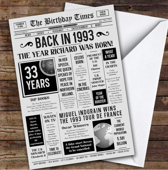 Born In 1993 Grey Newspaper Birthday Facts Any Year Any Age Personalised Card