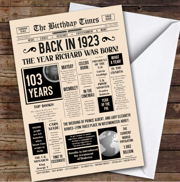 Born In 1923 Newspaper Birthday Facts Any Year Any Age Personalised Card