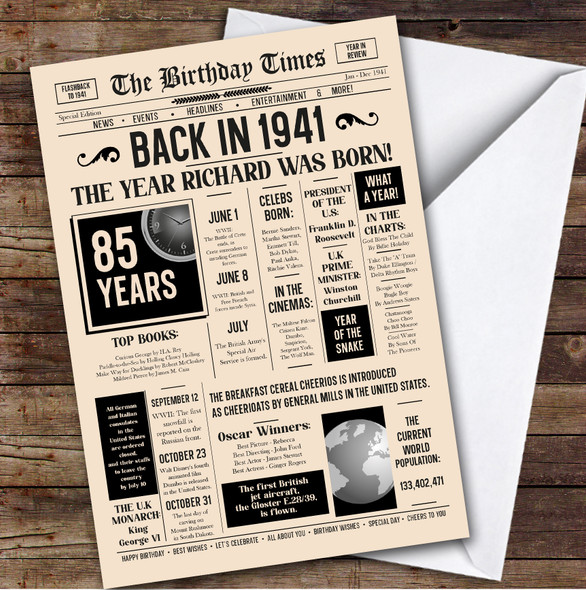 Born In 1941 Newspaper Birthday Facts Any Year Any Age Personalised Card