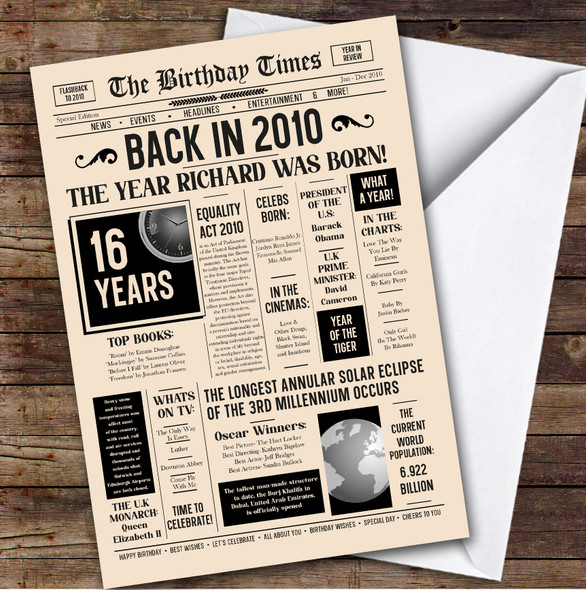 Born In 2010 Newspaper Birthday Facts Any Year Any Age Personalised Card