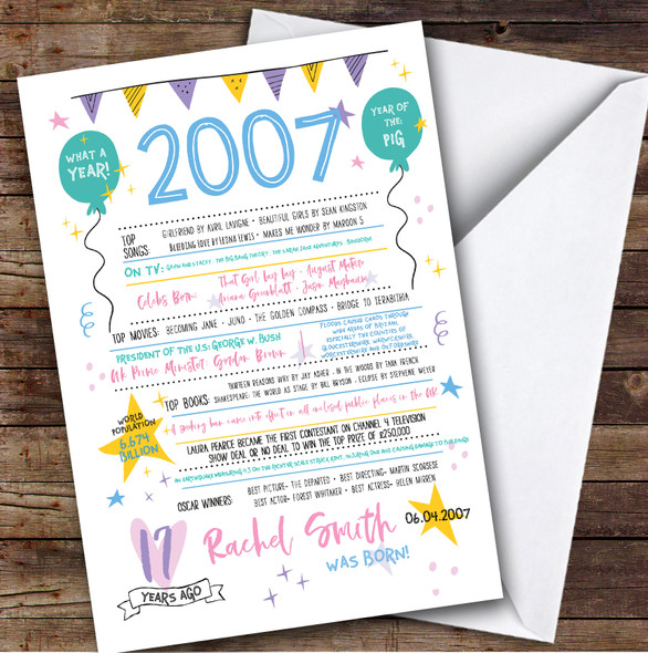 Born In 2007 Colour Birthday Facts Any Year Any Age Personalised Birthday Card
