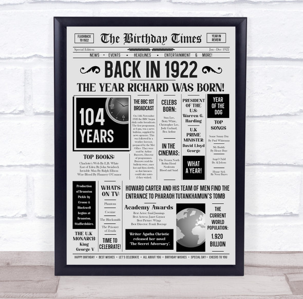 Born In 1922 Grey Newspaper Birthday Facts Any Year Any Age Personalised Print