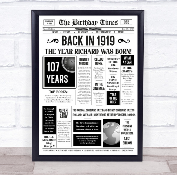 Born In 1919 White Newspaper Birthday Facts Any Year Any Age Personalised Print