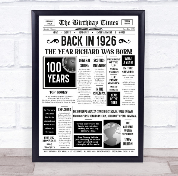 Born In 1926 White Newspaper Birthday Facts Any Year Any Age Personalised Print