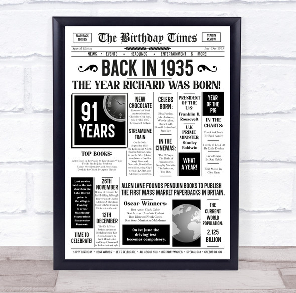 Born In 1935 White Newspaper Birthday Facts Any Year Any Age Personalised Print