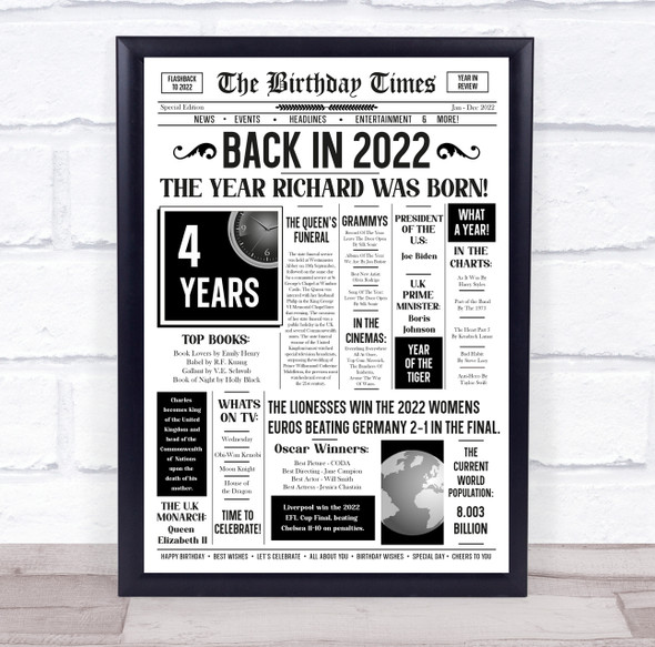 Born In 2022 White Newspaper Birthday Facts Any Year Any Age Personalised Print