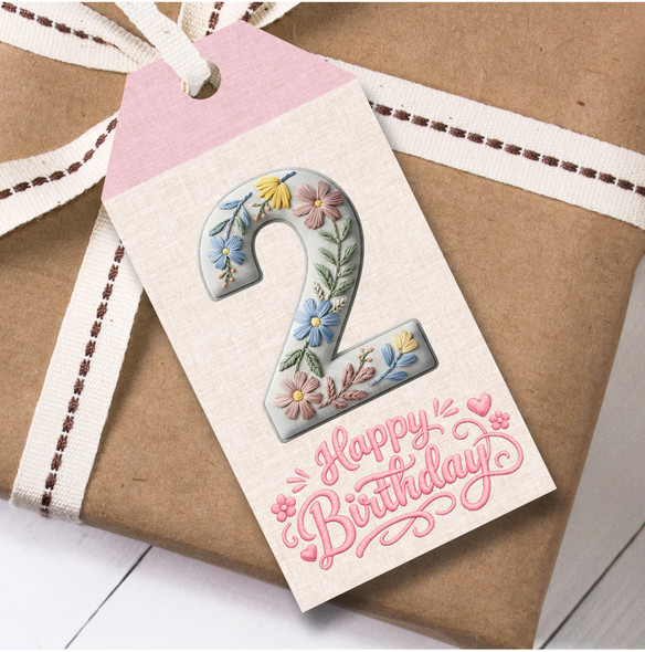 12 Large Gift Tags 2nd Birthday Floral Embroidery Number Birthday