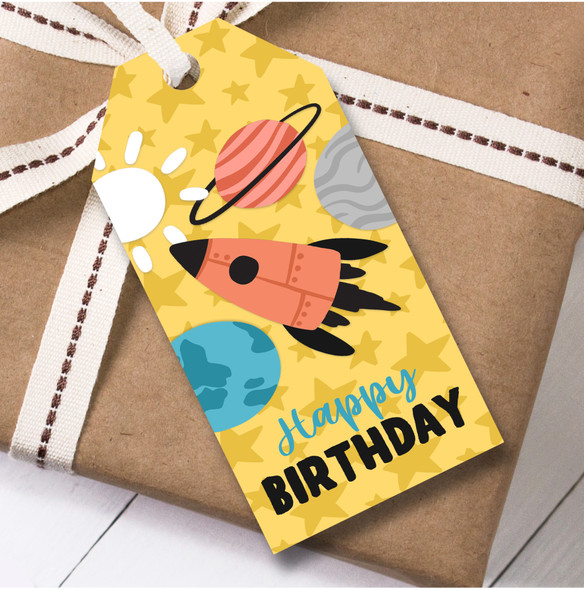 Birthday 12 Large Gift Tags Space Rocket Kids Boy Birthday Yellow