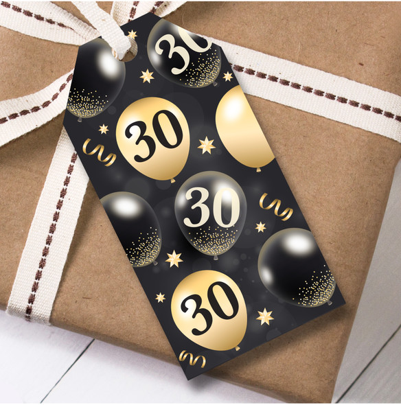 12 Large Gift Tags 30th Birthday Black & Gold Balloons Birthday