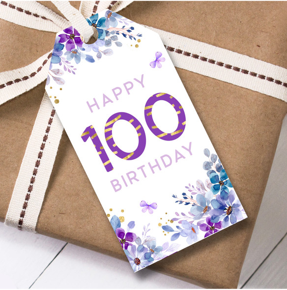 12 Large Gift Tags 100th Birthday Watercolour Purple Floral Birthday