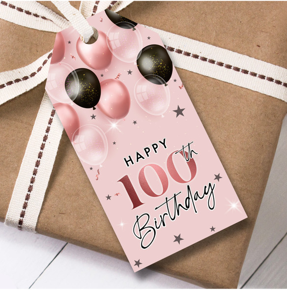 12 Large Gift Tags 100th Birthday Pink & Black Balloons Birthday