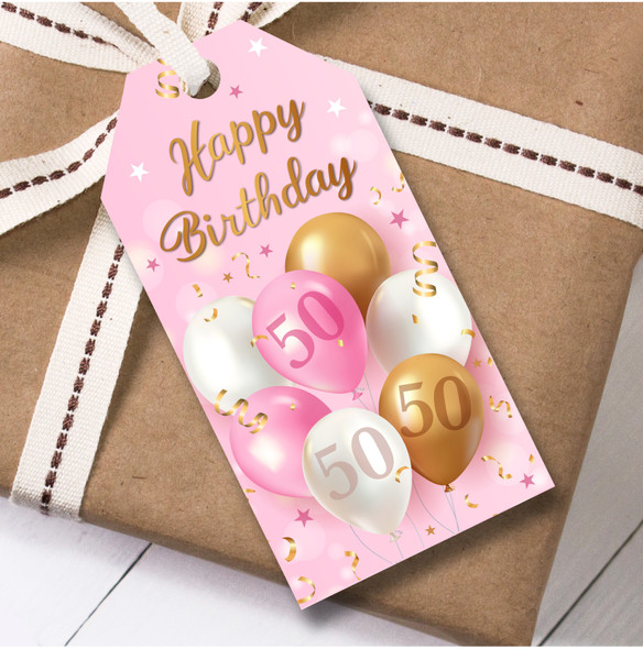 12 Large Gift Tags 50th Birthday Pink & Gold Balloons Birthday