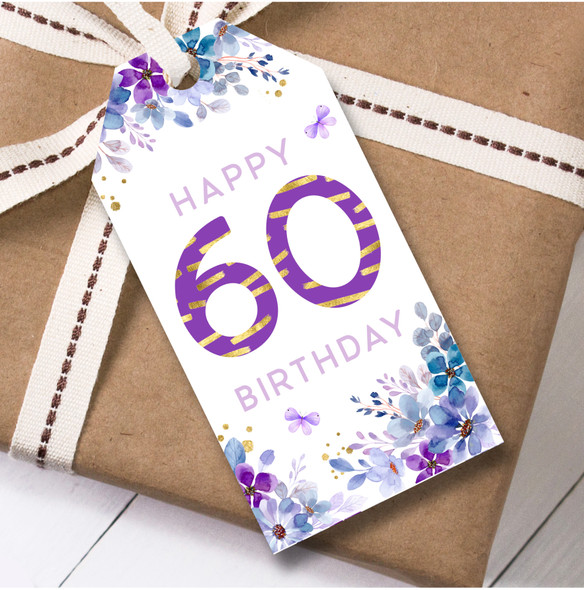 12 Large Gift Tags 60th Birthday Watercolour Purple Floral Birthday