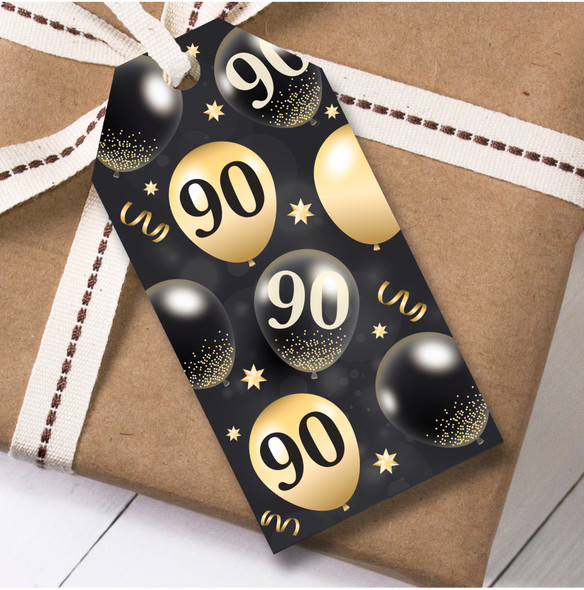 12 Large Gift Tags 90th Birthday Black & Gold Balloons Birthday
