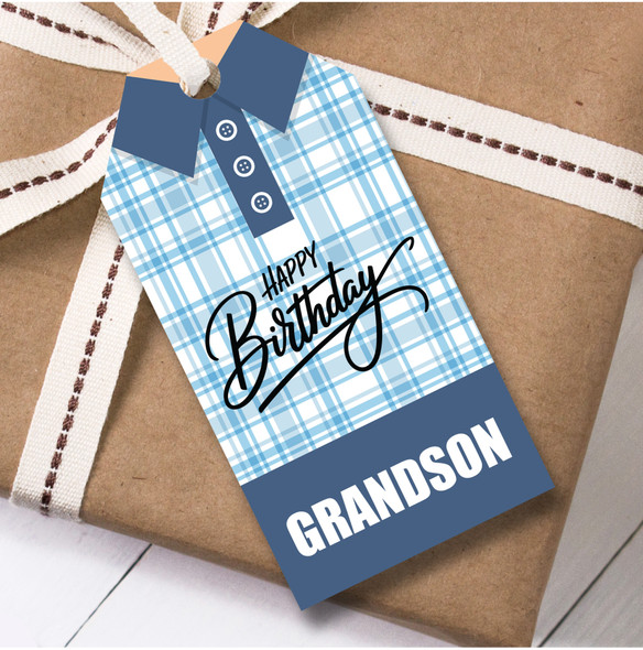 Birthday 12 Large Gift Tags For Grandson Blue Check Shirt Birthday