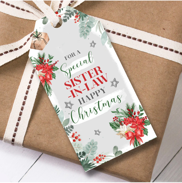 Christmas 12 Large Gift Tags For Sister-In-law Flowers Heart Grey Christmas
