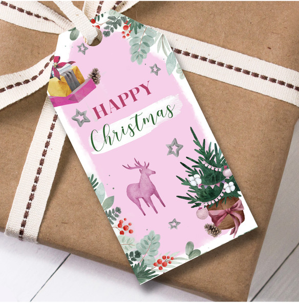 Christmas 12 Large Gift Tags For Anyone Female Deer Pink Tree Christmas
