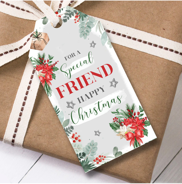 Christmas 12 Large Gift Tags For Friend Female Flowers Heart Grey Christmas