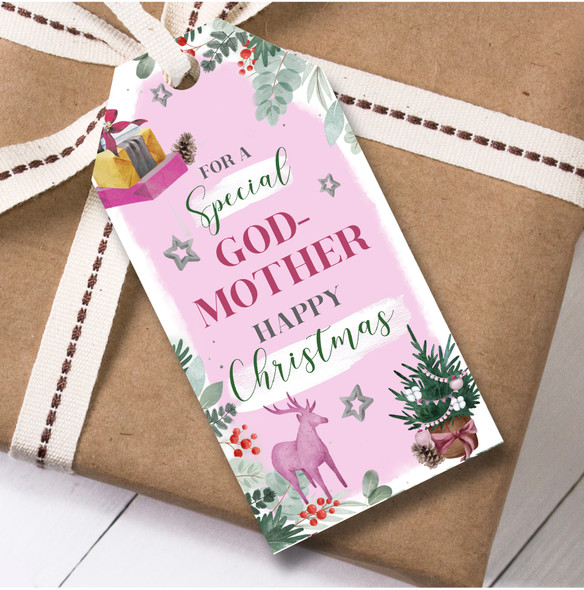 Christmas 12 Large Gift Tags For Godmother Deer Pink Tree Christmas