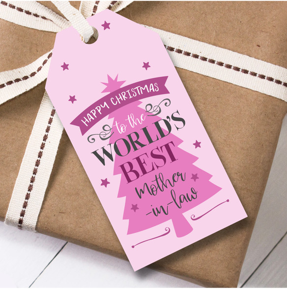 Christmas 12 Large Gift Tags For Mother-In-law Pink Xmas Tree Worlds Best