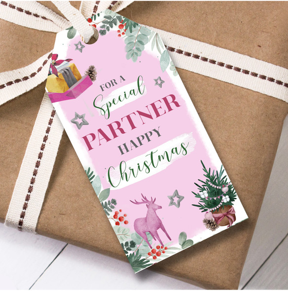 Christmas 12 Large Gift Tags For Partner Deer Pink Tree Christmas