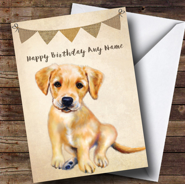 Vintage Burlap Bunting Dog Golden Labrador Puppy Personalised Birthday Card