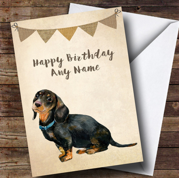 Vintage Burlap Bunting Watercolour Dachshund Dog Personalised Birthday Card