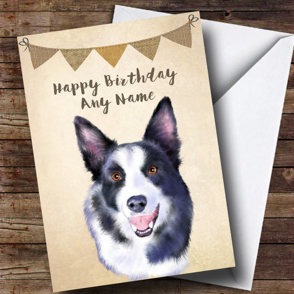 Vintage Burlap Bunting Dog Border Collie Personalised Birthday Card