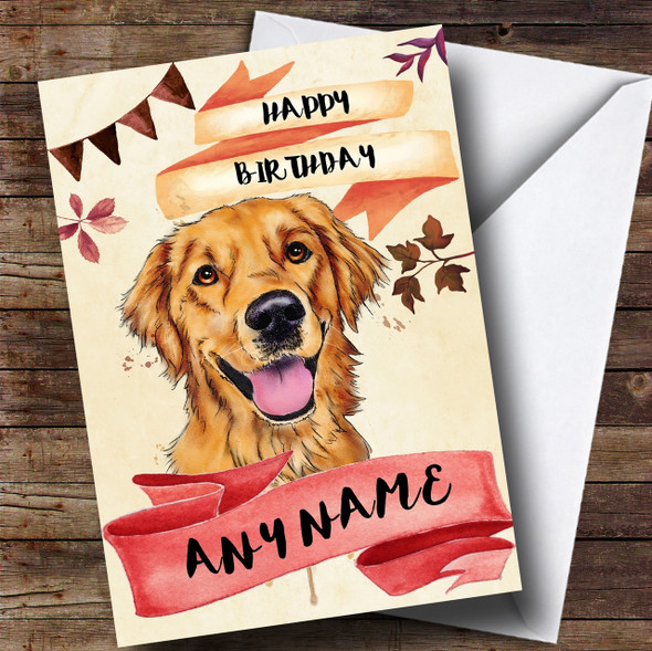 Watercolour Rustic Dog Golden Retriever Personalised Birthday Card