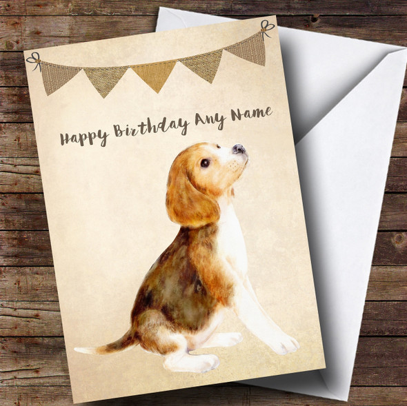 Vintage Burlap Bunting Dog Beagle Personalised Birthday Card