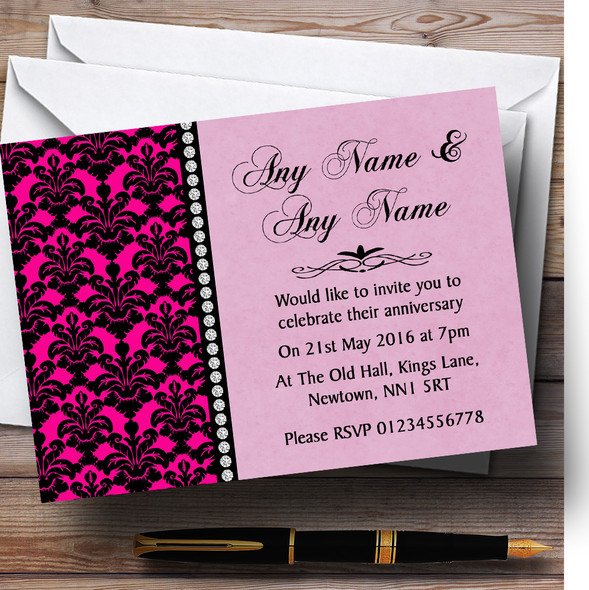 Bright Pink Black Damask & Diamond Personalised Anniversary Party Invitations