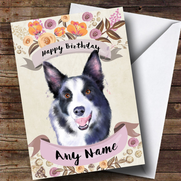 Rustic Gold Dog Border Collie Personalised Birthday Card