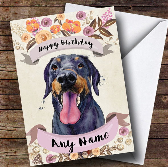 Rustic Gold Dog Doberman Personalised Birthday Card