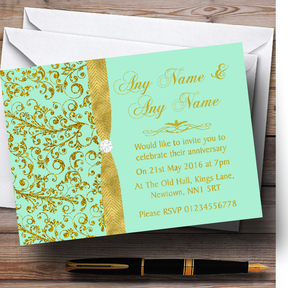 Gold And Cool Mint Green Vintage Personalised Anniversary Party Invitations
