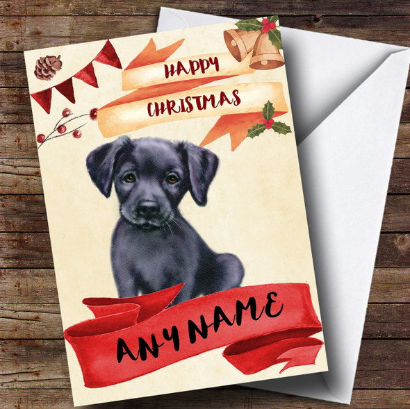 Watercolour Rustic Dog Black Labrador Puppy Personalised Christmas Card