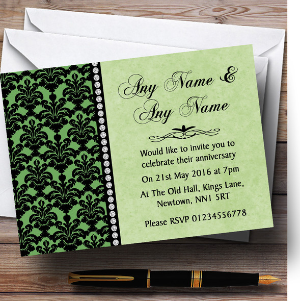 Green Black Damask & Diamond Personalised Anniversary Party Invitations