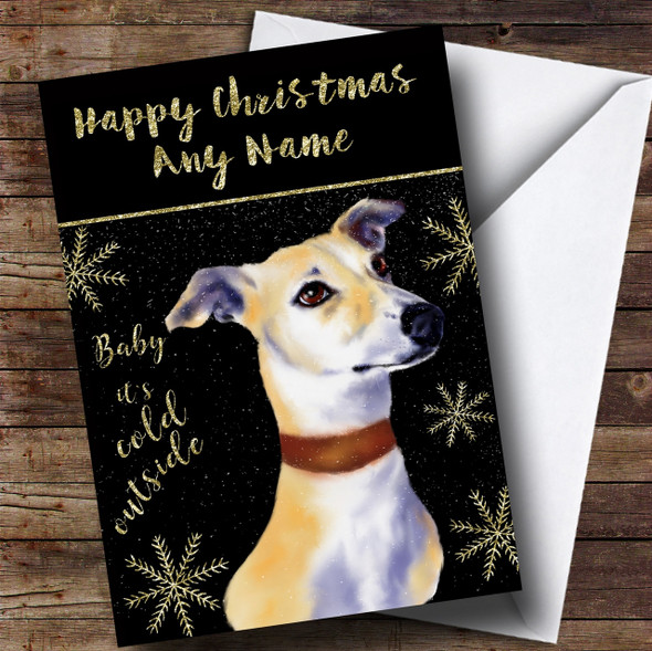 Cold Outside Snow Dog Lurcher Personalised Christmas Card