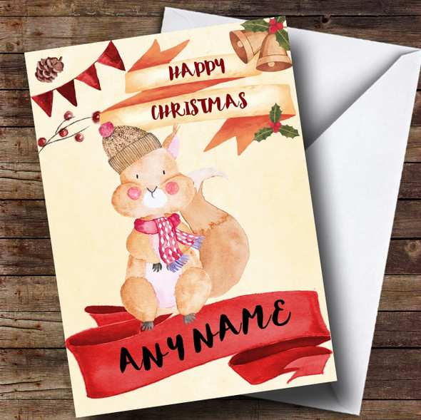 Watercolour Rustic Squirrel Personalised Christmas Card