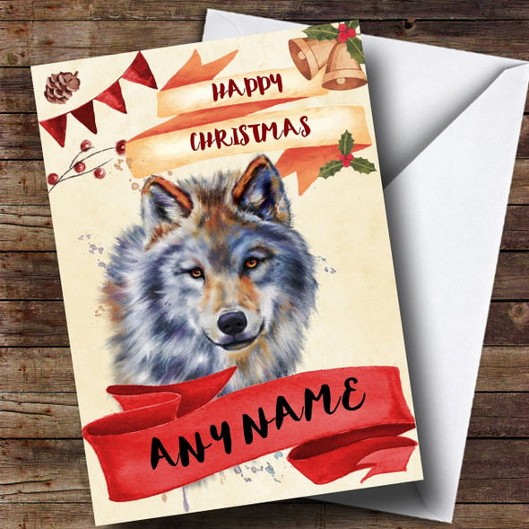 Watercolour Rustic Wolf Personalised Christmas Card