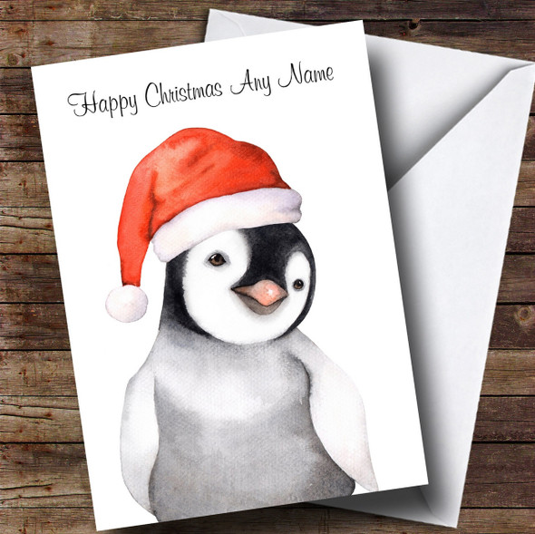 Cute Watercolour Penguin Santa Hat Personalised Childrens Christmas Card